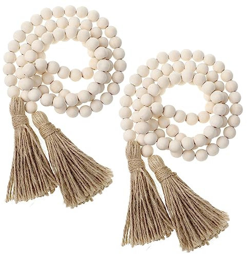 Warmhm 2pezzi Ghirlanda Di Perline Legno Con Nappine Decorazione Rustica Per Casa e Colore Naturale Ornamento Per Stile Di Vita Di Campagna