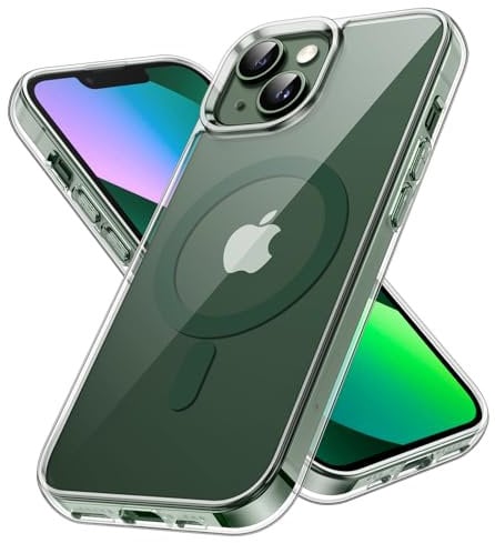 JETech Magnetic Case for iPhone 13 6.1-Inch Compatible with MagSafe Wireless Charging, Shockproof Phone Bumper Cover, Anti-Scratch Clear Back (Clear/Alpine Green)