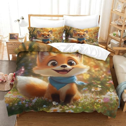 OFLAMIRUX Fox Bettbezug Bettwäsche Set Kinderbettwäsche-Set Reißverschluss Mit Kissenbezügen Betten Set Für Jungen Und Mädchen, Kinder Single（140x200cm）
