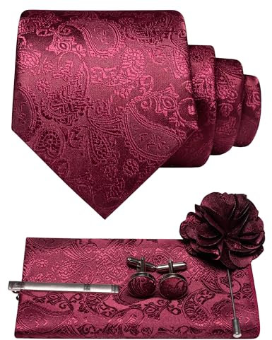 JEMYGINS Herren Paisley Krawatte mit Einstecktuch Krawattenklammer Blumenbrosche und Manschettenknöpfen Set Burgunderroter Boden