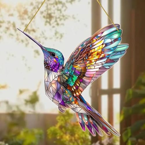 CTDWNT Hummingbird Stained Glass Suncatcher,Bird Sun Catchers Indoor Window,Hummingbird Kingfisher Double Side Glass Panel Window Hanging Decor,Acrylic Birds on Branch Gifts for Bird Lovers