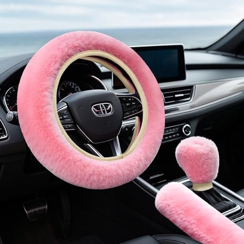 3Pcs Elastic Steering Wheel Protector Set,Steering Wheel Cover,Handbrake Cover,Gear Shift Cover,Fluffy Soft Anti-Slip Steering Wheel Covers,Universal 38cm Pink Cute Car Accessories for Women Girls