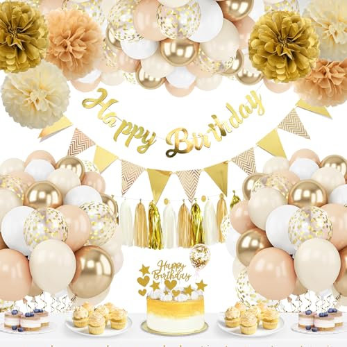 Geburtstagsdeko Frau,Geburtstagsdeko mit Beige Gold Luftballons Geburtstag Party Deko Set mit Dekoration Geburtstag Banner für Geburtstagsdeko frauen Mann