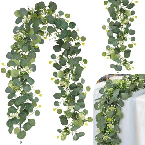 VISLANTE Eukalyptus Girlande 2 Stück Künstliche Pflanze Eukalyptus Deko | 180cm Grüne Blätter Girlande Weiße Blumen Künstliche Hängepflanzen Blumengirlande für Hochzeit Garten Party Home Tischdeko