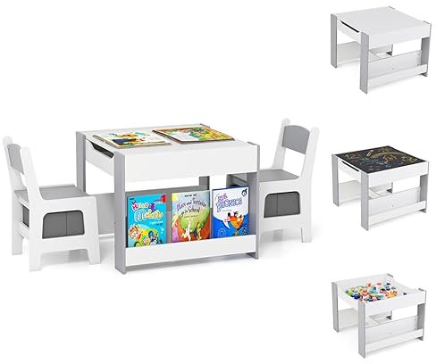DREAMADE 4 in 1 Kindertisch mit 2 stühlen, Kindersitzgruppe aus Holz mit umkehrbarer Tafel & Bücherregalen, Kinder Tisch Stuhl Set mit 2 Stoffboxen, Kindermöbel Aktivitätstisch Set für Kinder (Grau)