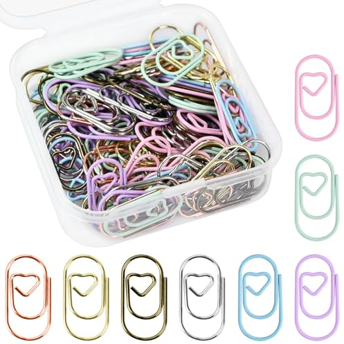 luckaide Büroklammern, 100 Stück Büroklammern Motiv Herz Gemischte Bunt Klein Metall Paper Clips Briefklammern Papierklammern Aktenklammer Klammern Gold für Postkarten Büro Schule mit Aufbewahrungsbox