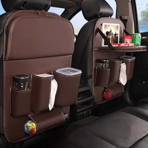 DEARBAG Auto Organizer Kinder, Rückenlehnenschutz Auto Kinder mit Faltbar Tisch, PU Leder Wasserdichter Rücksitz Organizer, Car Reisezubehör Aufbewahrungstasche, 4 Taschen und Tablet Tasche (Kaffee)