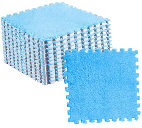 Yctze 10pcs Plush Interlocking Carpet Tiles - Fluffy Cuttable Non-Slip Foam Floor Mats for Kids' Rooms & Living Spaces (Blue)