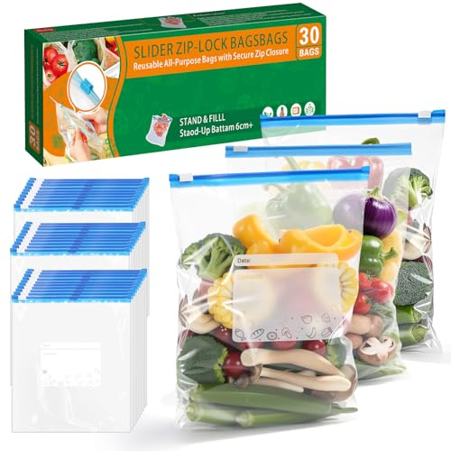 Freezer Bags,Food Storage Freezer Bags(2.27L), Stand Up Smart Zip Slider,Duty Food Bags with Expandable Bottom,BPA Free, for Sandwich,Fruits, Meats, Vegetables, Snacks，Reusable Zip Lock Bags(30pcs)