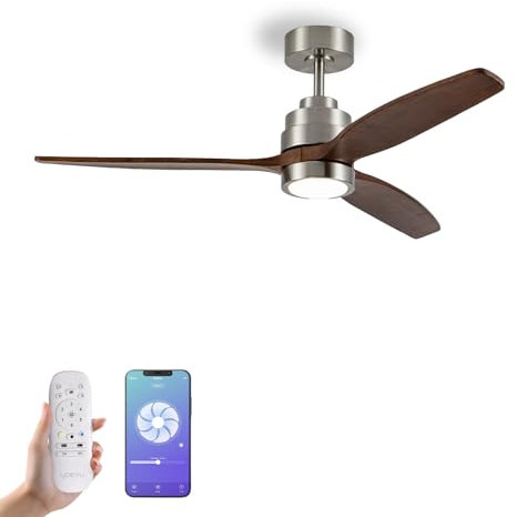 YOEVU HELIX - Ventilador de Techo con luz WIFI Alexa App y mando | 50 W | 6 Velocidades | Ultra silencioso | 3 Aspas 132 Diámetro | Temporizador | Luz LED regulable | madera clara (Nogal)