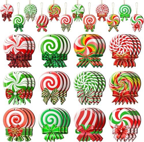 LATERN 36 Stück Weihnachts Lollipop Ornamente, 12 Stile 8CM Holz Lutscher Weihnachtsbaumschmuck Anhänger mit Seil für Kranz Fenster Kamin Tür Weihnachtsbaum Feiertags Party Dekoration