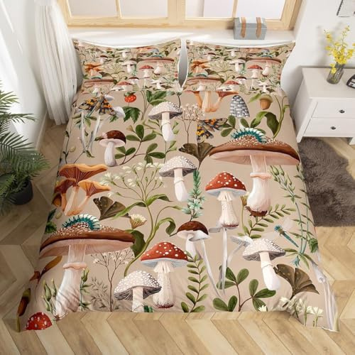 Pilz Bettwäsche 135x200 Pilze Bettwäsche Set, 3D Bettbezug Set Weich Microfaser Bettbezüge 2 Teilig Pflanze Wendebettwäsche für Einzelbett, mit 1 Kissenbezug b1381