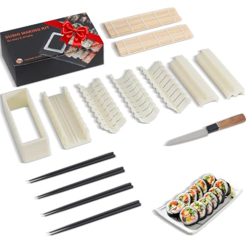 MLRYH Sushi Maker Set, 14-tlg. Sushi-Kit für Anfänger mit Rolle, Schneideform, Messer, Matten und Stäbchen (White)