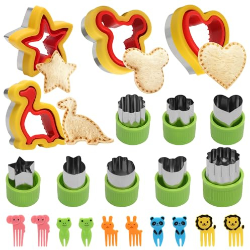 TENTHPEO Sandwich Cutters for Children, 12-Piece Food and Cookie Cutter Set | 4 Large Sandwich Moulds, 8 Mini Food Shape Cutters and 10 Elephant Picks for School Lunch Boxes and Snacks