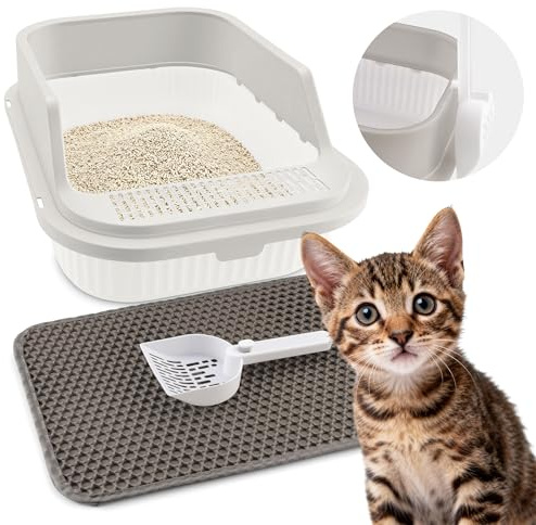 Foymlon Katzenklo Klein Set, Cat Litter Box mit Schaufel und Katzensandmatte, Katzentoilette ist voll Geöffnet mit Verbreitertem Sandpedal und Erhöhtem Zaun Design,Spritzschutz und Einfache Reinigung