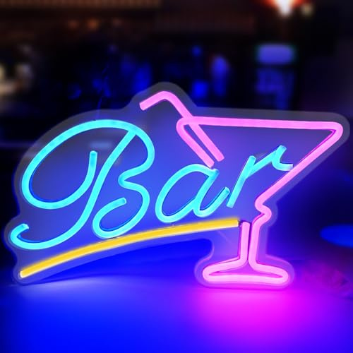 KUWUNG Neon Schild BAR, LED Leuchtreklame Bar, Cocktails Bar Neon Schild, Neons Sign Bars, Bars Schilds Beleuchtet für Wand, USB Powered Rosa Blau Neonschild für Hausbar Restaurant Party Club Wanddeko