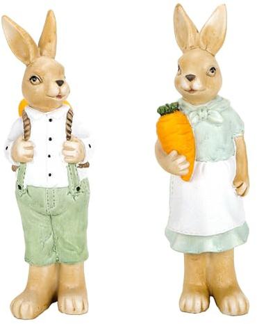 Bubble Store 2-er Set Osterdeko Figuren - Hasenpärchen Hasenmann und Hasenfrau, Hasenfigur Hasen-Mann mit Ostereier-Korb und Hasen-Frau mit Karotte