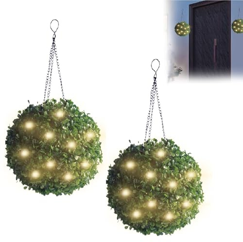 rovian Solar Topiary Balls Hanging, Topiary Balls with Solar Lights, Artificial Boxwood Grass Sphere with Warm White LEDs, for Pathway, Garden, Patio, Backyard, Wedding, Holiday Decor (20CM,2PACK)