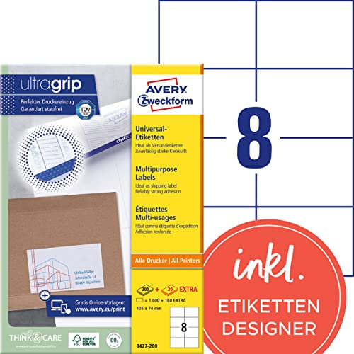 AVERY Zweckform 3427-200 Universal Etiketten (1.600 plus 160 Klebeetiketten extra, 105x74mm auf A4, bedruckbare Versandetiketten, selbstklebende Versandaufkleber mit ultragrip) 220 Blatt, weiß