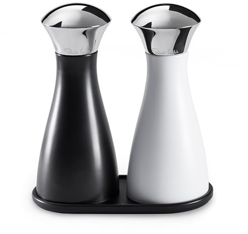 Robert Welch Signature Medium Salt & Pepper Mills Set with Tray. Made from Durable ABS with a Stainless Steel Top. 10 Year Guarantee.