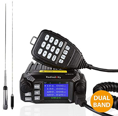 Radioddity DB25 Pro PMR Dual Band Quad-standby Mini Mobile Auto Truck Radio, VHF UHF 4 Colore Display, 25W Veicolo Ricetrasmittente with Cable & CD + 50W High Gain Quad Band Antenna
