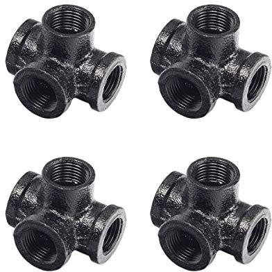 1,27 cm 4-Wege-Rohrverschraubung Temperguss DN15 Eisen weibliche Rohrverbinder, industrielle Steampunk-Gewinde-Rohrnippel für DIY-Dekor oder industriellen Vintage-Stil, 4 Stück
