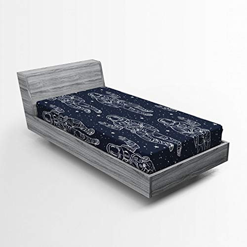 Lunarable Outer Space Spannbetttuch, skizzenhafter Astronaut in Himmelssternen, kosmischer Raumanzug, erhöhter Handsalut, Bettbezug mit rundum elastischer, tiefer Tasche für Komfort, Doppelbett,