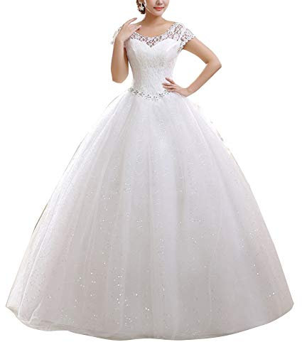 GELing Femmes Robes De Mariée Dentelle Encolure Ronde Robe De Mariage Longue Blanc EU 40