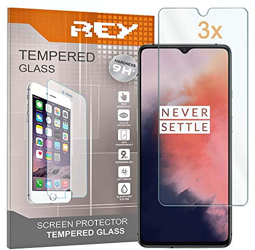 REY Pack 3X Bildschirmschutz aus gehärtetem Glas für ONEPLUS 7T, Schutzfolie, Displayschutzfolie 9H+ Härte, Anti-Kratzen-Öl-Bläschen