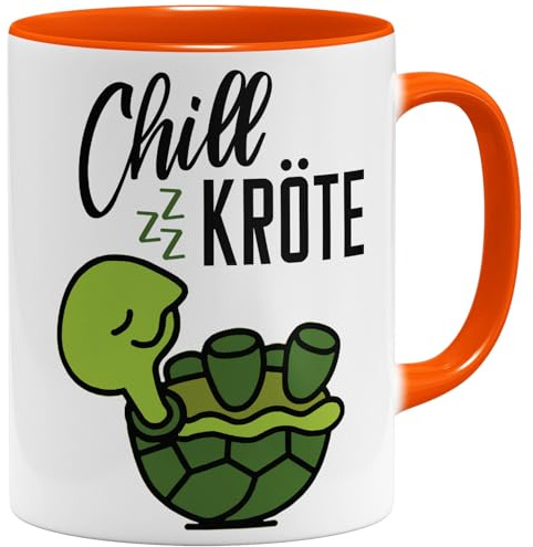 OM3® witzige Chillkröte Kaffee-Tasse mit Spruch - Schildkröten Spruchtasse - Faule Chill Kröte - Keramik Becher - 11oz 325ml - Beidseitig Bedruckt - Orange