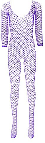 Agoky Womens Lingerie Fishnet Full Body Stockings One Piece Bodysuit Nightwear Pantyhose Violet One Size