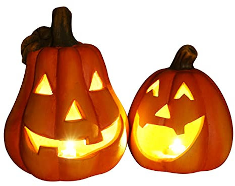 khevga Kürbis Deko Keramik: Windlicht Herbstdeko im 2er Set Halloween Dekoration beleuchtet LED (mit LED)