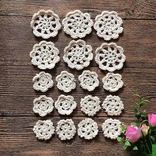 MINDPLUS 18 Stück Mini Vintage Handhäkeldeckchen Blumen 2.5-5 cm Rund Beige Baumwolle Kleine Handgehäkelte Blütenblätter Spitzendeckchen Guipure Spitzen Applikation Kleiderkragen DIY für Basteln