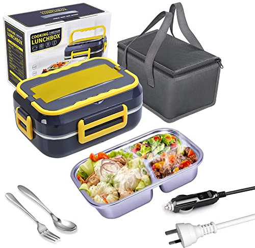 Electric Lunch Box 60W Food Warmer Heater 12V 24V 110V Faster Heated Lunch Box for Car/Truck/Home Portable Heating Boxes with 1.5L 304 SS Container Fork & Spoon