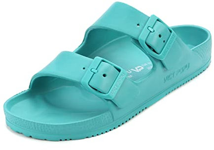 VICT POPU Pantoletten Damen mit Fussbett Sandalen Flach Rutschfest Sommer Badelatschen Lässig EVA Slides Erwachsene Schlappen Blauer See 38