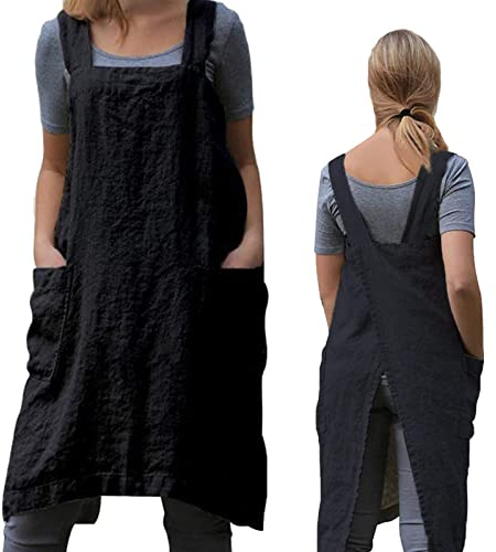 ZQFFB Schürze mit Kreuzrücken, für Damen, mit Taschen, japanischer Kittel für Arbeit, Gartenarbeit, Kochen, Malen, Backen