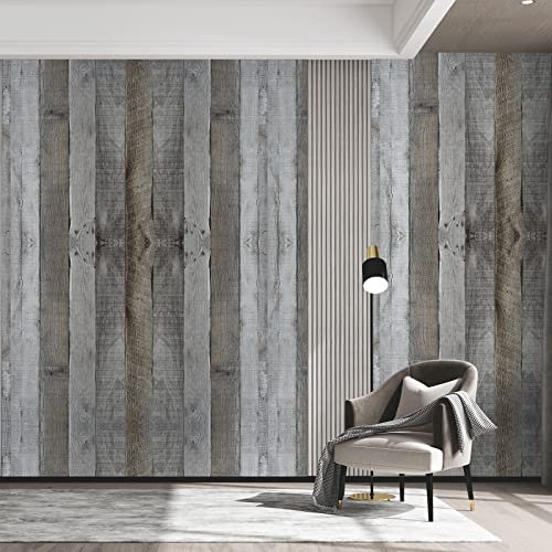 FENTIS Wood Self Adhesive Wallpaper Grey and Brown Peel and Stick Vinyl Wrap Sticky Back Plastic Contact Paper Roll for Bedroom Bathroom Living Room Waterproof 44.5x500cm