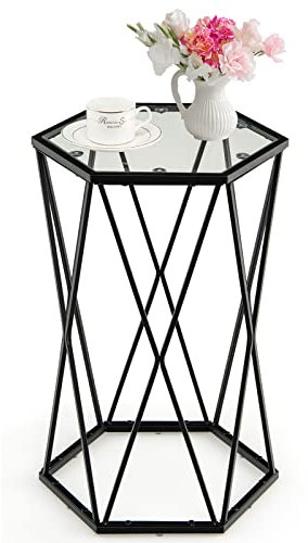 COSTWAY Hexagonal Coffee Table, Metal Frame Small Sofa End Side Table with Tempered Glass Top, Modern Narrow Nightstand Accent Snack Tea Table for Living Room, Bedroom and Balcony (40 x 35 x 61cm)