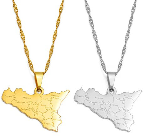 Halskette Mit Anhänger Aus Italien, Sizilien, Umrisskarte, Land, Städte, Name, Aufdruck, Charm-Kette, Patriotischer, Zierlicher Schmuck, Italienischer Ethno-Stil, Hip-Hop, Damen Herren, Unisex-