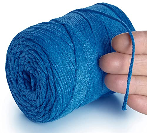 MeriWoolArt® Makramee Garn 2 mm x 250 m Baumwollkordel, recyceltes weiches Baumwollgarn für das Stricken von Pflanzenhängern, Schmuckherstellung, Häkeltaschen (Blau, 2mm)