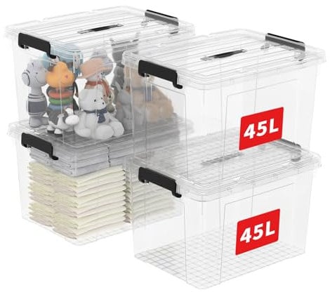 Cetomo 45L*4 Storage Boxes, Carry Plastic Storage Box with Lids, Organizing Container with Handle and Secure Latching Buckles, Stackable, Nestable, Tote Bin for Home Office Clothes, 45L-4Pack, Clear