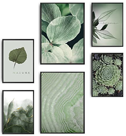 decomonkey | 6er Poster Set OHNE Bilderrahmen | Natur Pflanzen | 4 x DIN A4 & 2 x DIN A3 | Wohnzimmer Schlafzimmer Wandposter Blider Collage Modern Wanddeko Grün Abstrakt Blätter Text