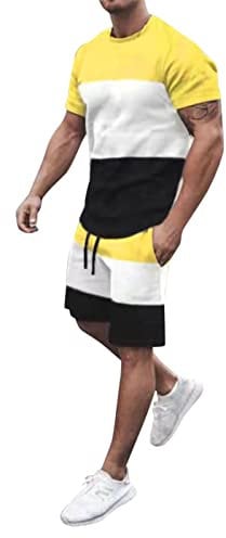 Männer Sommer Frühling und Sommer Gestreifte Quadrate Trainingsanzug 2-teilige Outfits Kurzarm T-Shirts und Shorts Jogging-Sets Sportlicher Sportanzug Sweatsuits Sportswear Trainingsanzug Anzug Herren