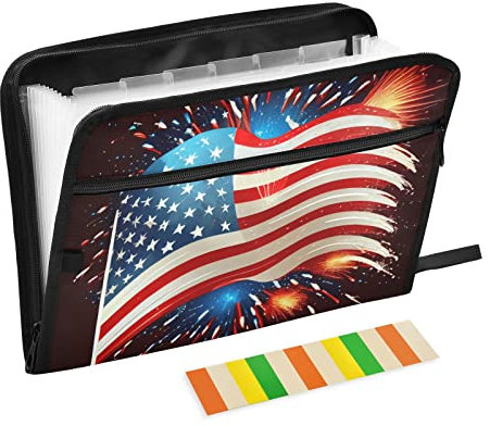 Fächermappe mit USA-Flagge und Feuerwerk, schwarz, 13 Fächer, A4-Papier, Dokumenten-Organizer, Ordner mit Reißverschluss, für Büro, Lehrer, Studenten, Bibliothek, Krankenschwester, Geschenke