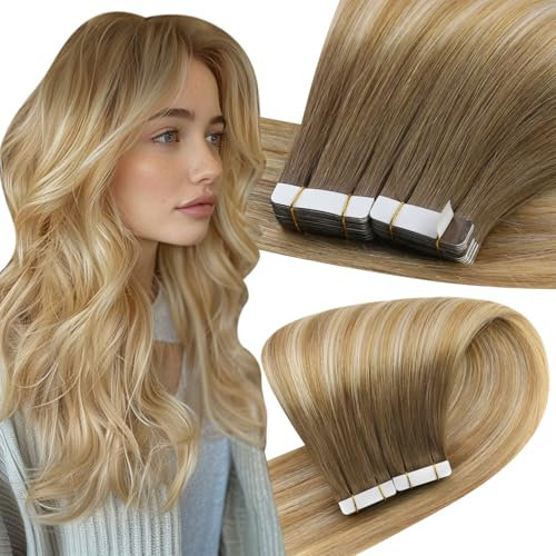 Easyouth Tape in Extensions Echthaar Balayage Tape in Haar Extensions Remy Menschenhaar Tape in Echthaar Extensions Mittelbraun Mix Honigblond und Platinblond 18 Zoll 40g