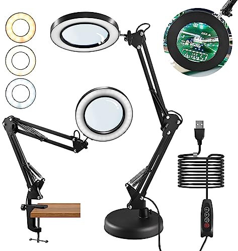 10x LED Magnifying Lamp, Magnifying Glass Desk Lamp with Stand, Equipped with Base, 3 Adjustable Colour Modes, LED Magnifying Light for Electronic Repair & Reading