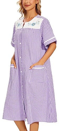 YOZLY Hauskleid Damen bestickt Hausmantel Kurzarm Staubwedel Robe mit Fronttaschen, Plaid lila, Mittel