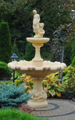 Casa Padrino Barock Springbrunnen Beige Ø 135 x H. 230 cm - Prunkvoller Gartenbrunnen im Barockstil - Runder Gartendeko Stein Brunnen - Barock Garten Deko Accessoires