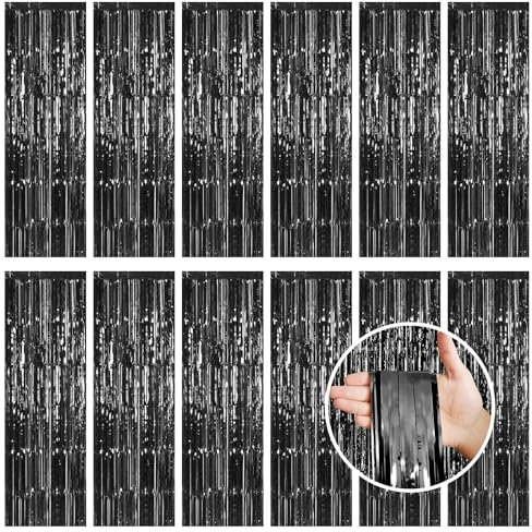 12 Pcs Black Metallic Tinsel Foil Fringe Curtains, 3.3ft x 8.2ft Tinsel Streamers Backdrop Door Curtains Hanging Streamers for Birthday Halloween Christmas Party Supplies(1m x 2.5m)