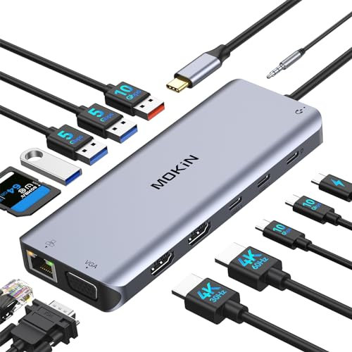 Station d'accueil USB C Docking Station Double Moniteur, Dock USB C 14 en 1 vers Dual HDMI et VGA, Ethernet RJ45, 100W PD, USB 3.1/3.0/2.0, SD/TF et Audio, Hub USB C pour MacBook HP Lenovo Dell